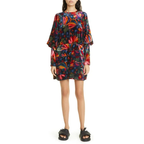 Farm Rio Banana Sky Women's Ruched Velvet‎ Mini Dress Black Floral Size S NWT - Picture 1 of 13